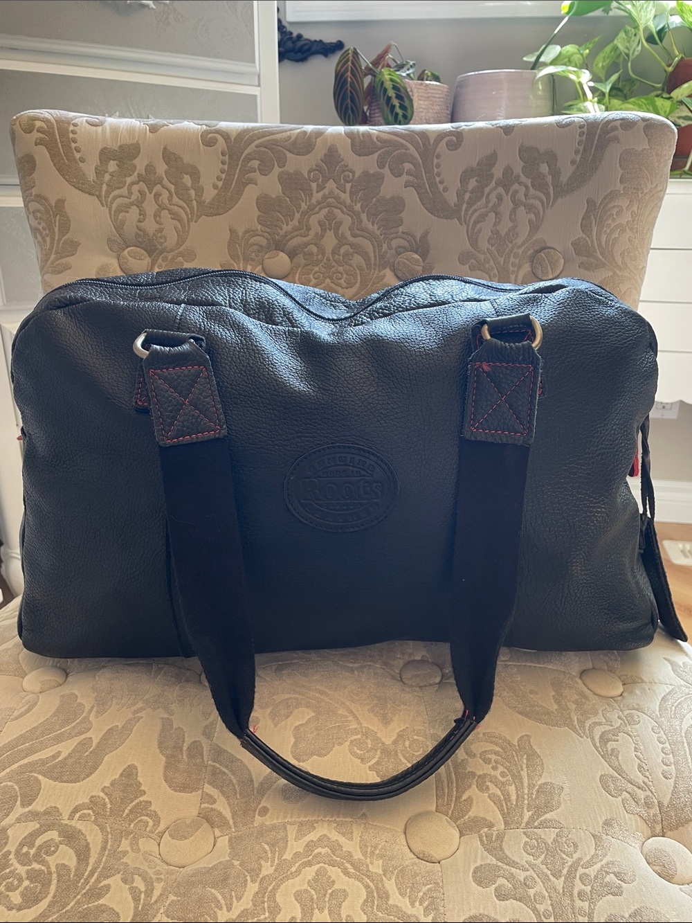 Roots Black Leather Weekender Duffle Bag